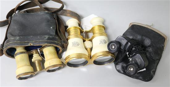 A pair of Carpenter & Westley brass and ivory opera glasses, 1879, with owners monogram and two other items,